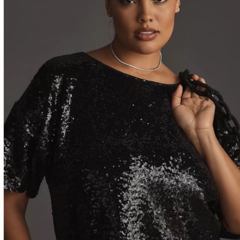 by Anthropologie Black Sequin Cropped Short-Sleeve Top Relaxed Boxy Fit EUC Sz S - Picture 5 of 16